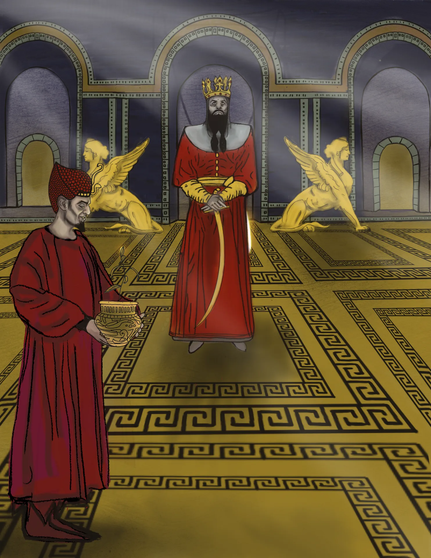 A robed figure presents a decorated vessel to a crowned king standing between golden winged sphinxes in a grand ceremonial hall
